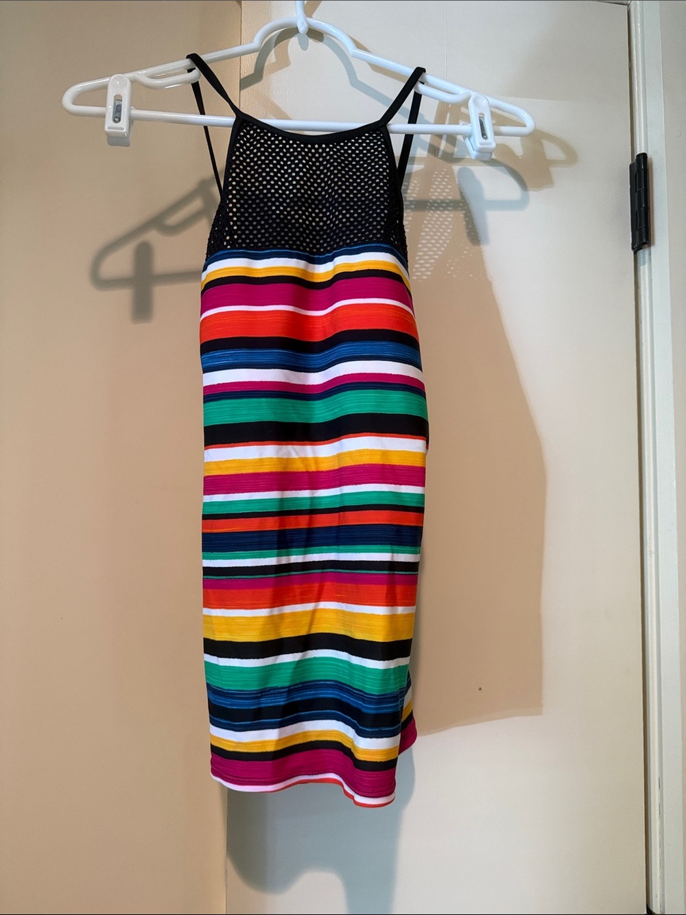 Chaps Black Mesh Halter Swim top with Multicolor Stripes